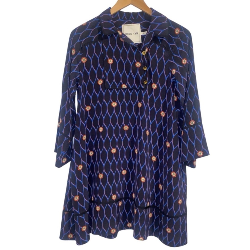 Kenzo x H&M Blue Patterned Silk Dress Size 4 - Picture 9 of 9